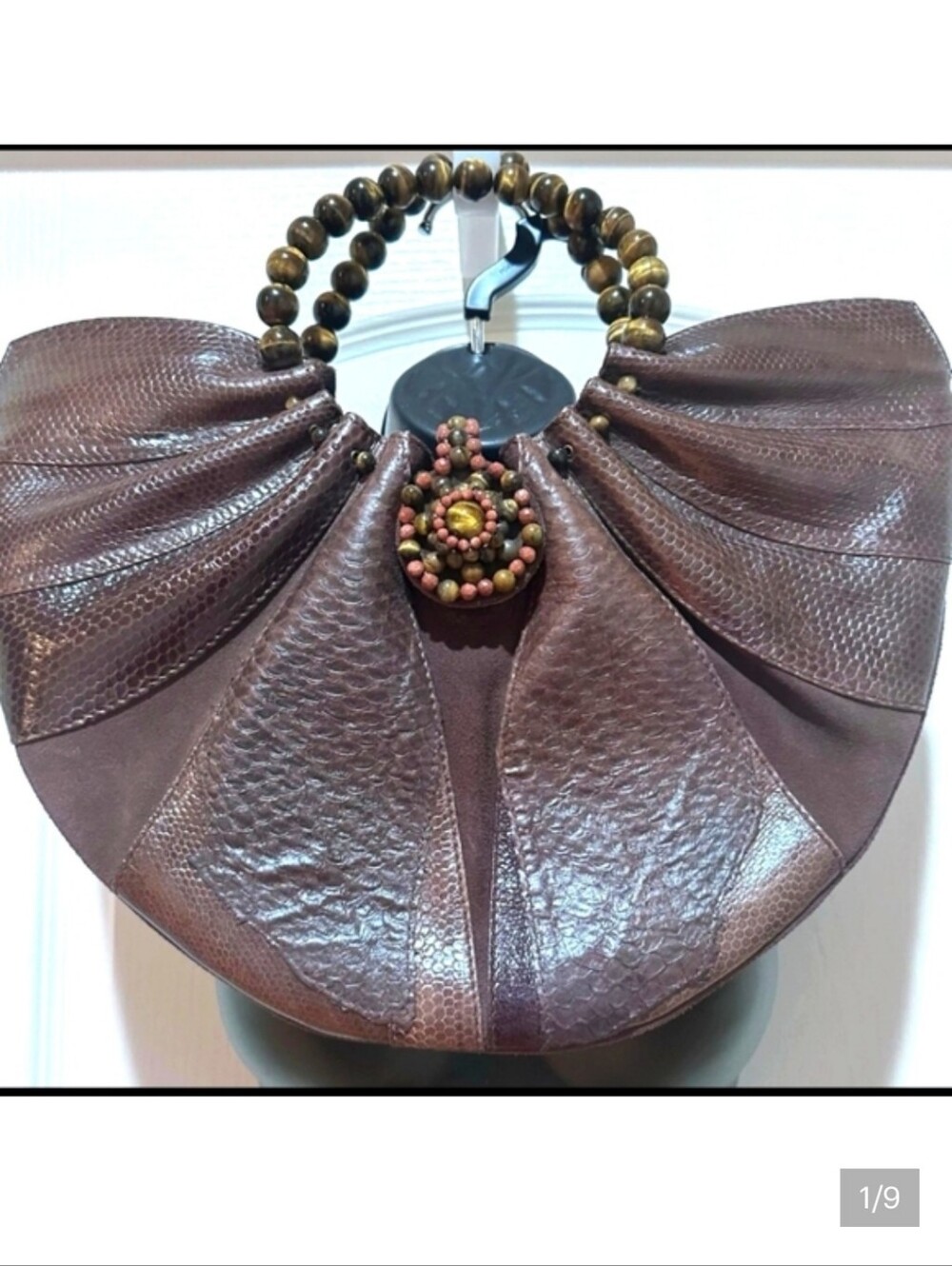 TAYRN NICOLE WOMEN'S BROWN LEATHER AND SUEDE TOTE WITH BEADED HANDLE